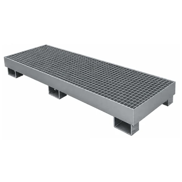 CUBETO GALVANIZADO CON REJA PARA 4 BIDONES DE 200 LITROS 2.400 x 800 x 260 mm. (Largo x Ancho x Alto)